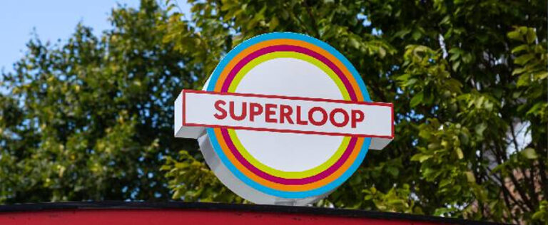 A colorful circular Superloop sign with bold red lettering