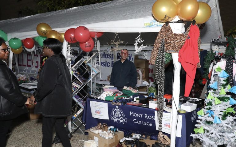 A festive stall at the Mont Rose College Christmas Fair 2024, showcasing clothes, decorations, and holiday-themed items.