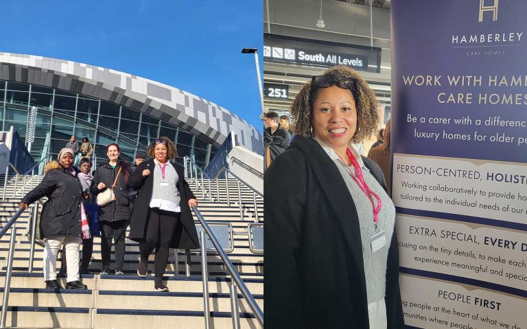 Mont Rose College attendees at the Tottenham Hotspur Careers Fair, including a participant posing by the Hamberley Care Homes recruitment banner.