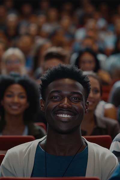 mrc alumni smiling attendee seated in auditorium, reflecting confidence, achievement, and continued engagement within a vibrant academic community