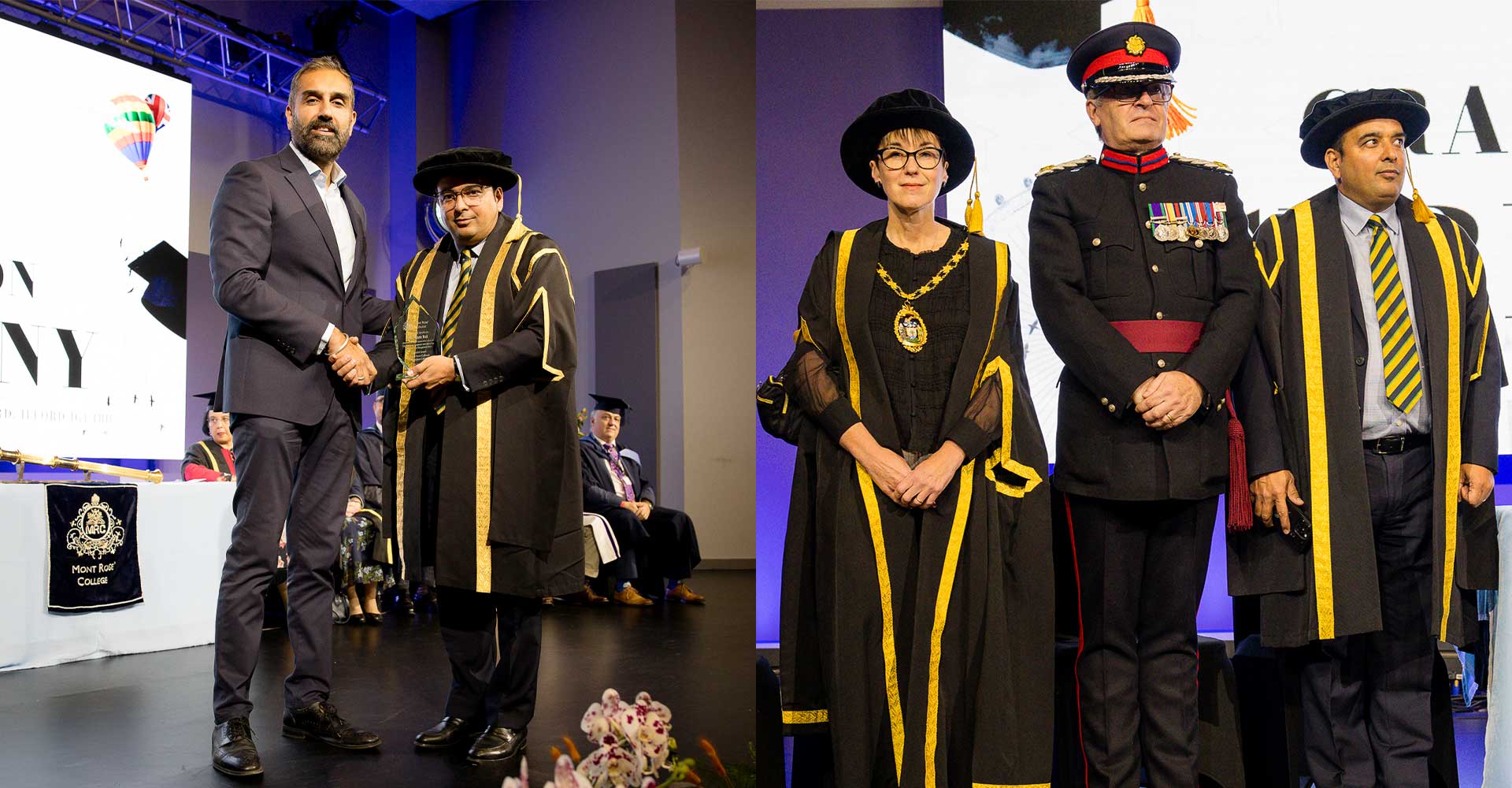 Award presentation and dignitaries on stage during Mont Rose College Graduation 2025 ceremony, celebrating academic achievements.