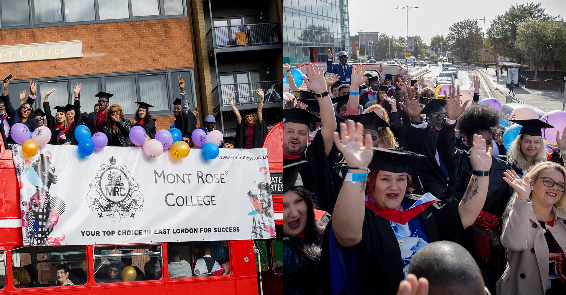 Graduates celebrating on an open-top bus with balloons during Mont Rose College Graduation 2025 parade in East London.