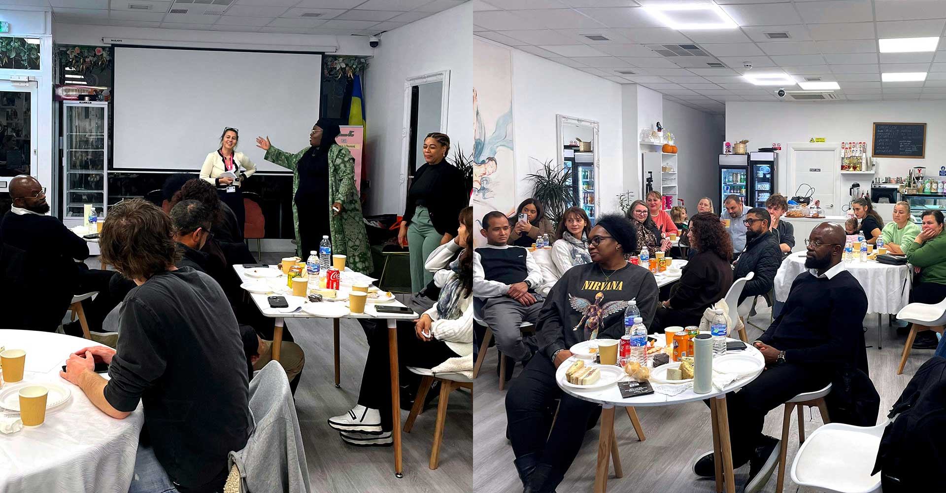 Attendees engaged in a Mind Matters Mont Rose College event featuring speakers and group discussions in a casual setting.