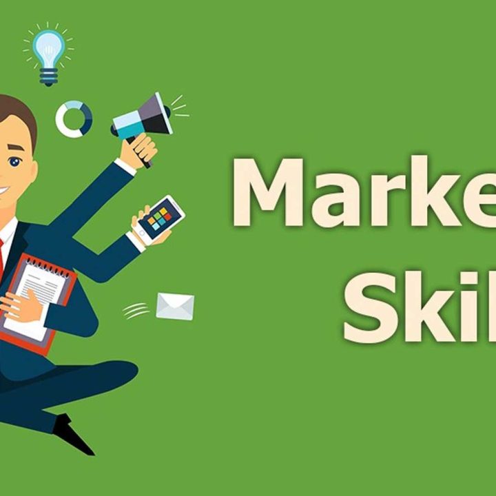 Illustration of multitasking marketer with digital tools and icons, highlighting Top 10 Marketing Skills 2026