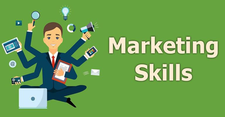 Illustration of multitasking marketer with digital tools and icons, highlighting Top 10 Marketing Skills 2026
