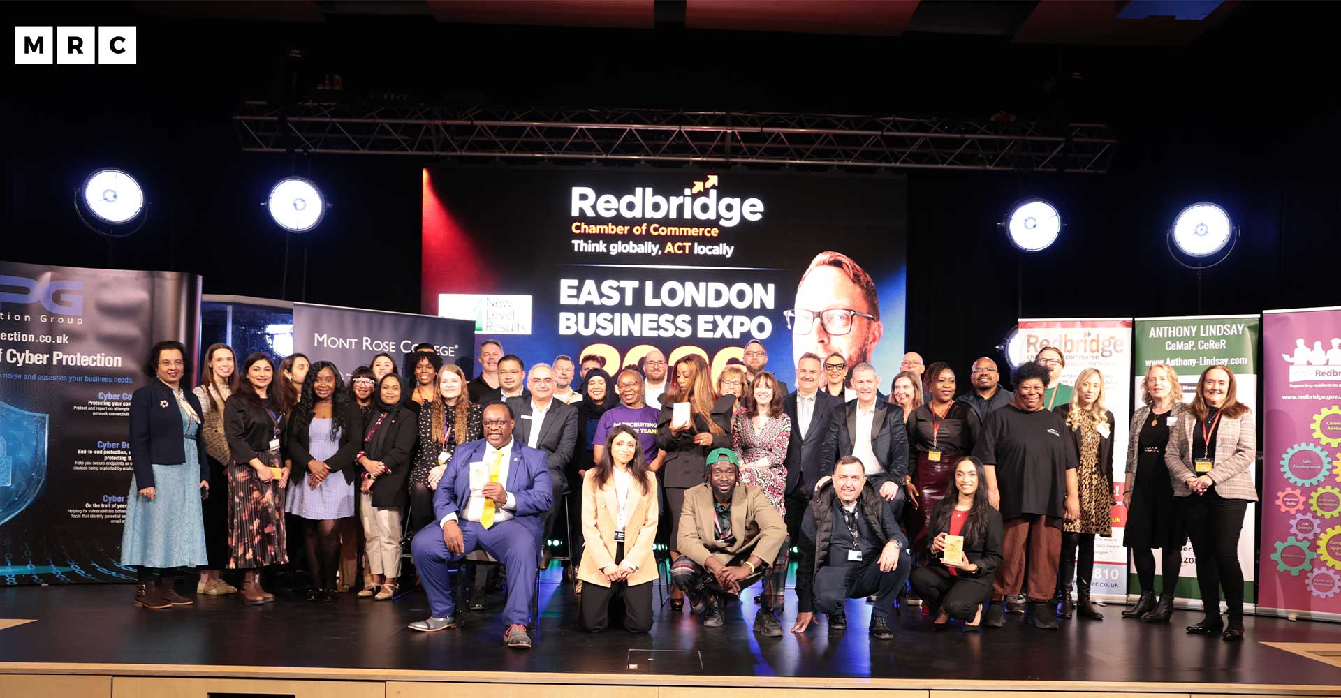 Group of professionals on stage at East London Business Expo, highlighting Mont Rose College Business Expo 2026 participation.