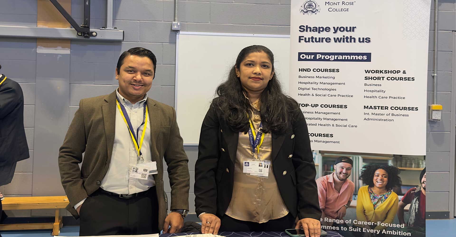 Mont Rose College staff at ATAM Academy careers fair booth, presenting programmes and engaging with prospective students