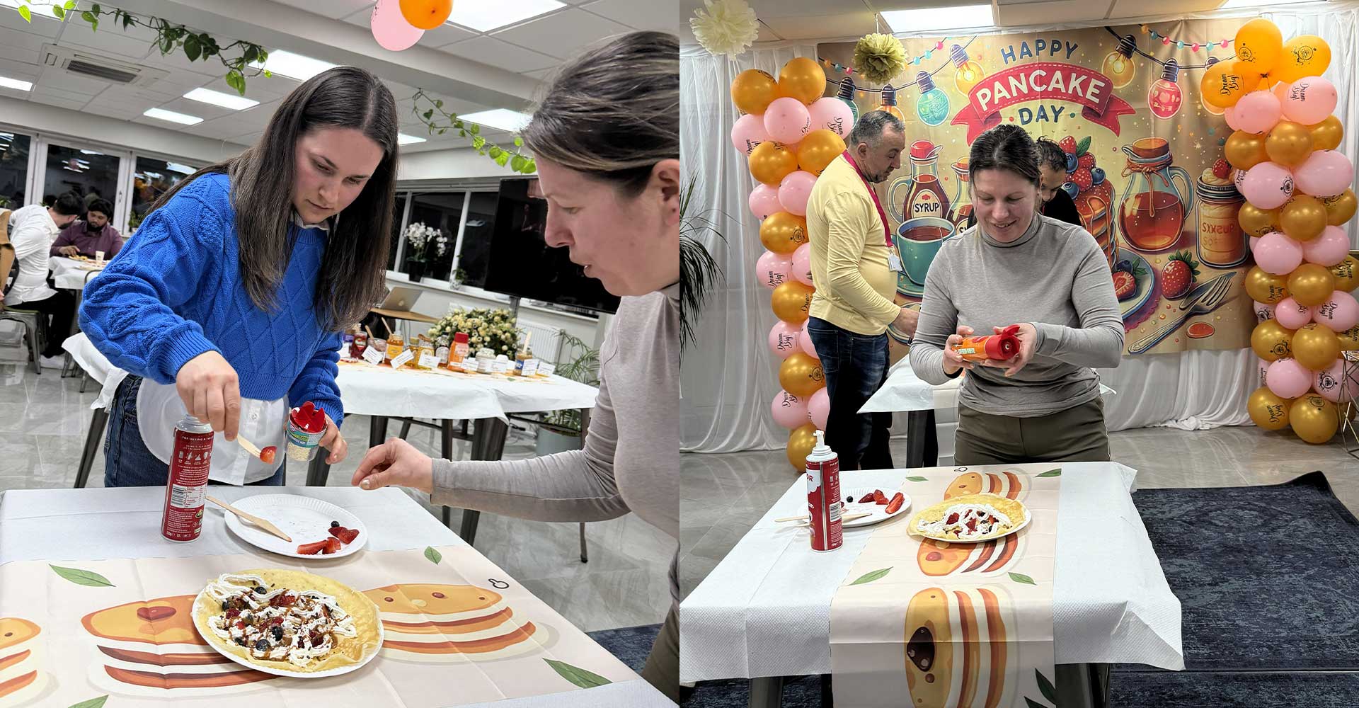 People decorating pancakes with toppings at Pancake Day Mont Rose College celebration, festive setup with balloons and dessert table