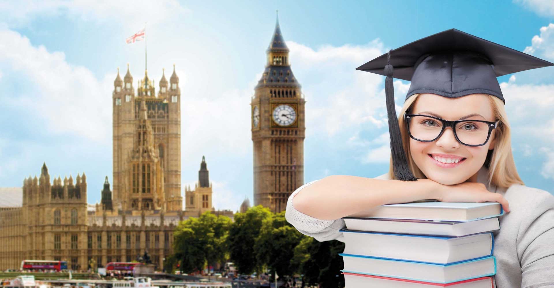 Smiling graduate holding books in front of London landmarks, representing opportunities in Higher Education in Ilford.