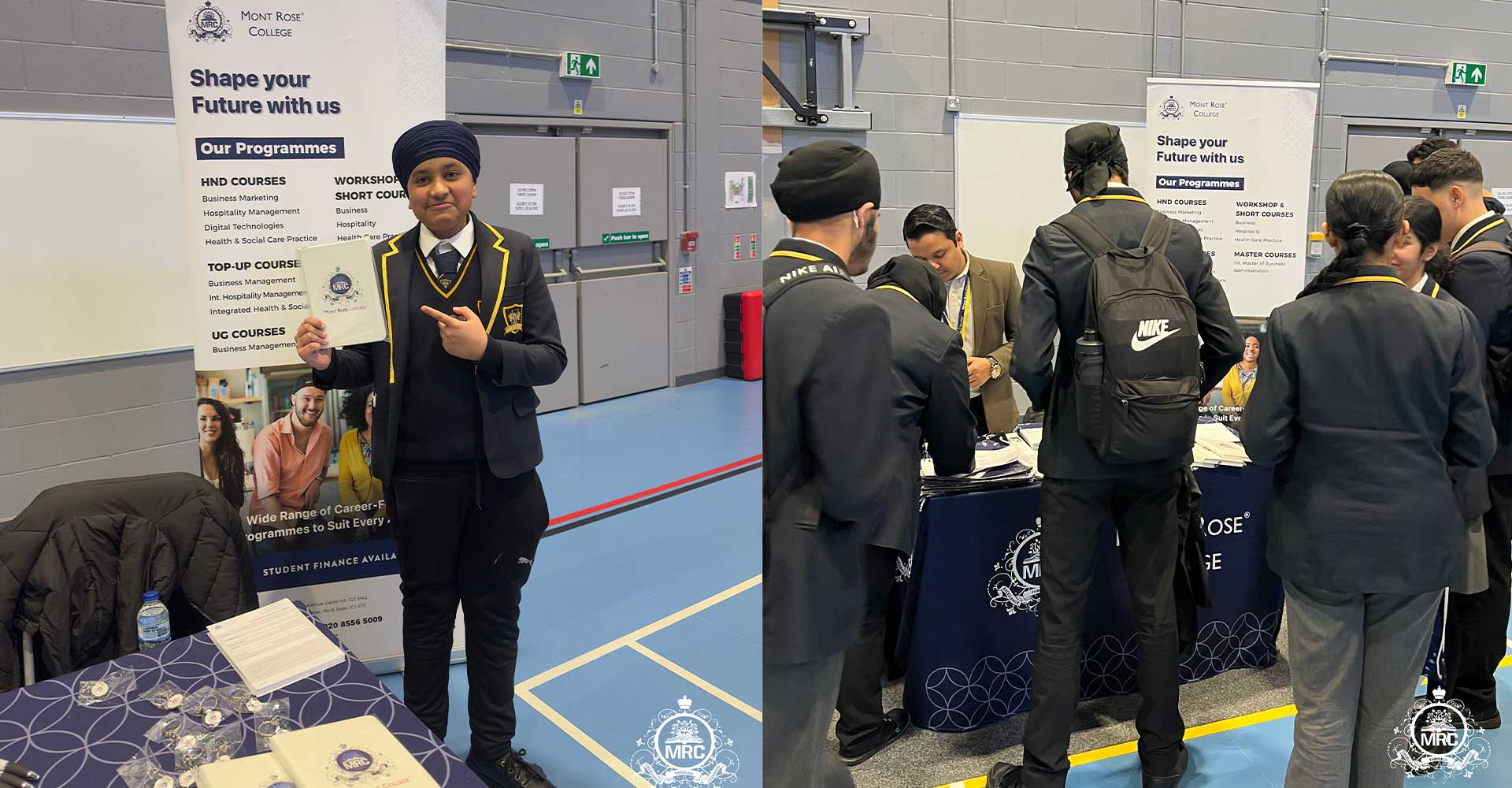 Students engaging at Mont Rose College booth during ATAM Academy careers fair, exploring programmes and speaking with representatives