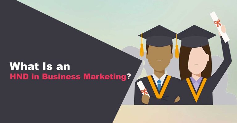 Illustration of graduates holding diplomas, explaining the benefits and study opportunities of an HND in Business Marketing.
