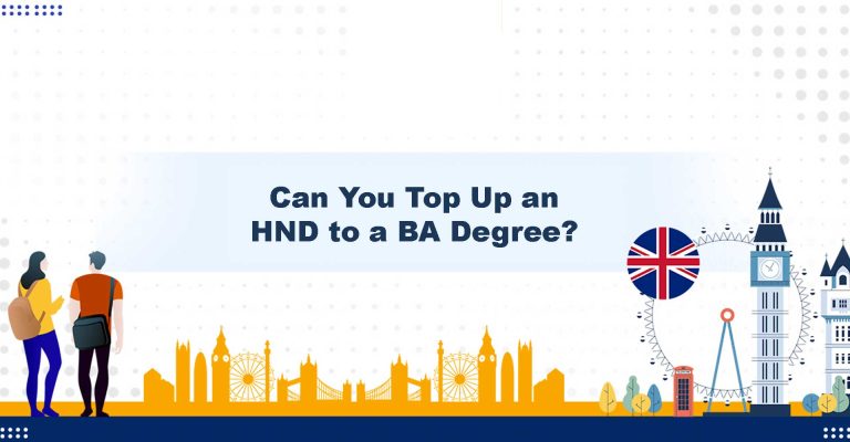Illustration of UK landmarks and students exploring pathways from HND to BA degree through top-up study options.