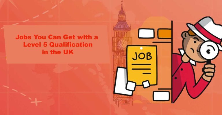 Illustration promoting Level 5 qualification careers in the UK, featuring a job search concept and employment opportunities.