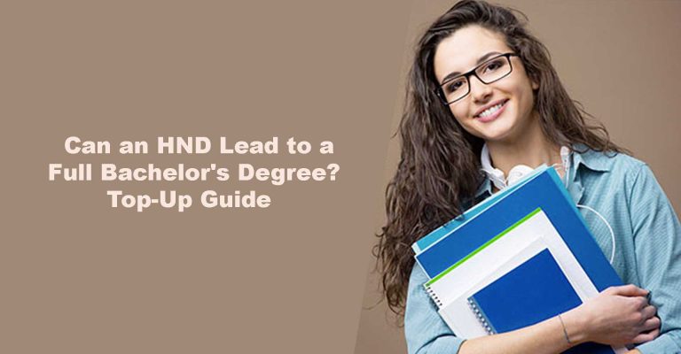 Student holding books and study materials, exploring pathways from HND to bachelor's degree through a university top-up programme.