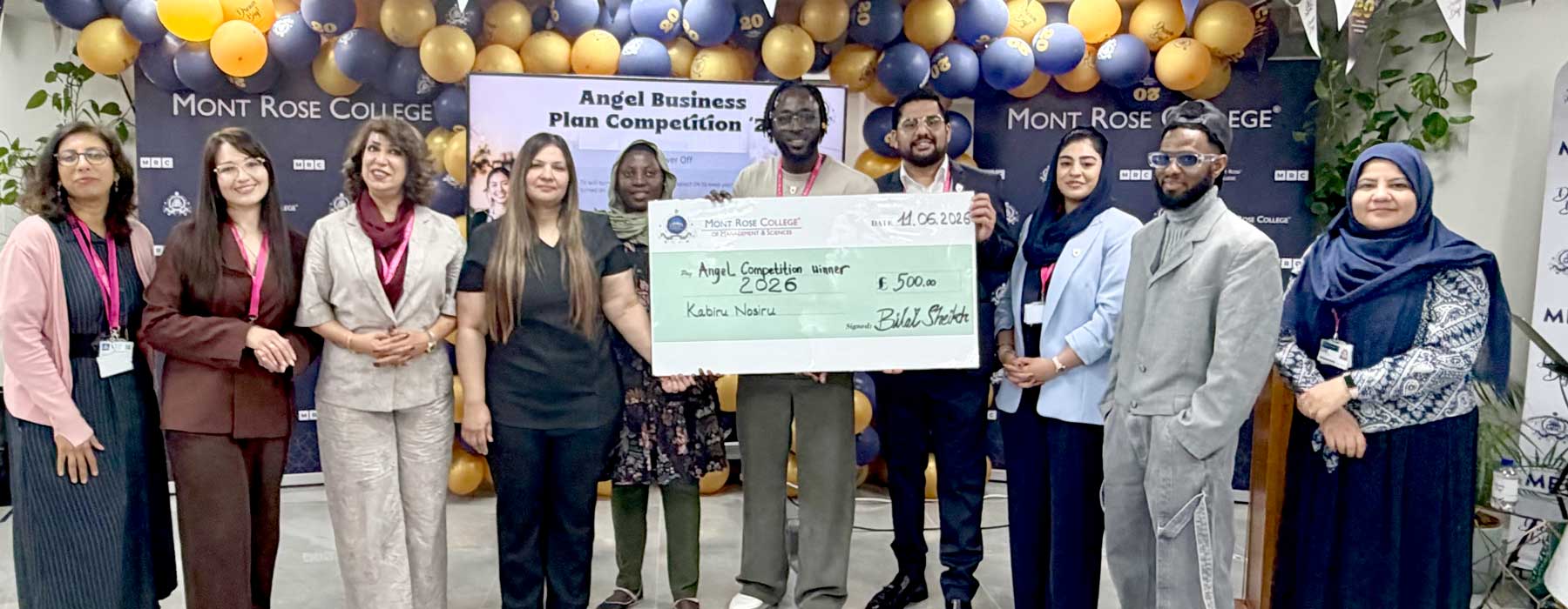 Kabiru Temitope Nosiru receiving recognition during the Angel Business Competition 2026 awards ceremony at Mont Rose College, East London
