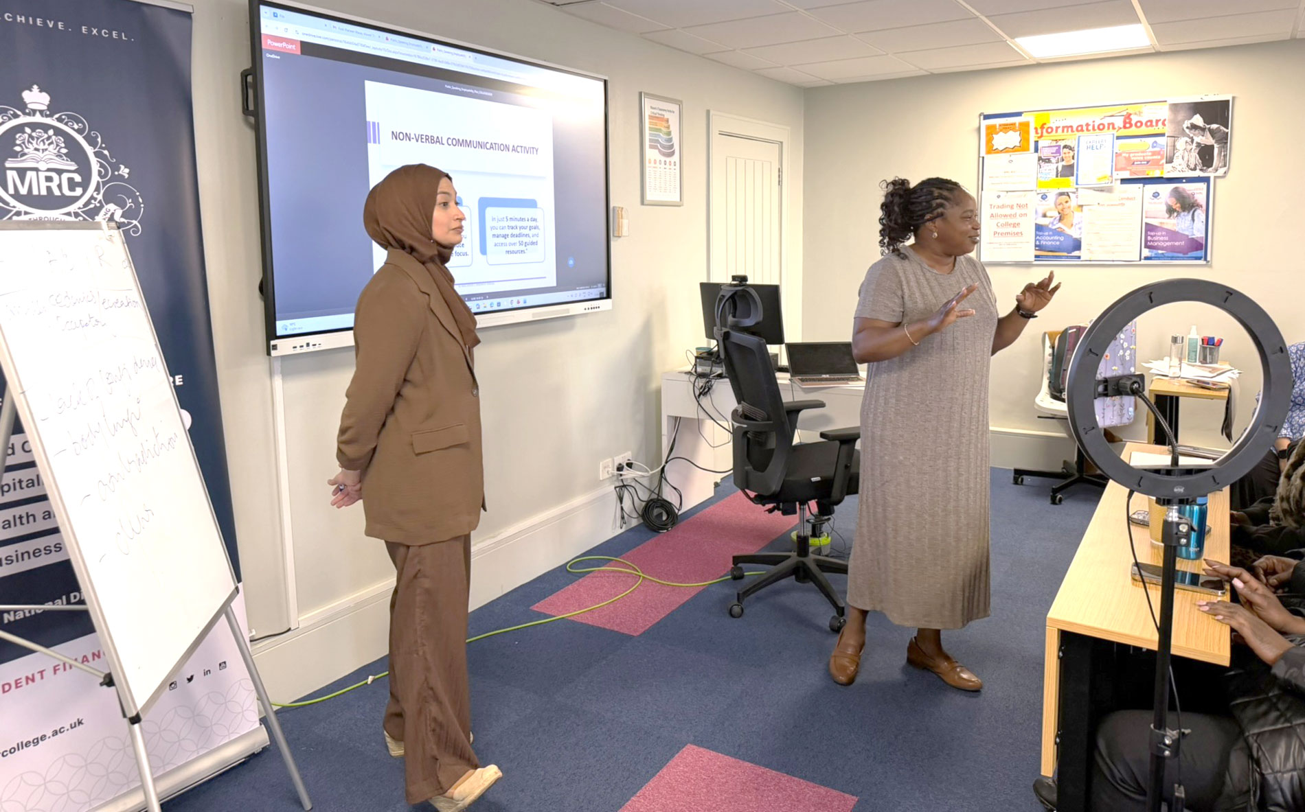 Communication trainer Maheen Wasay delivering a public speaking workshop at Mont Rose College.