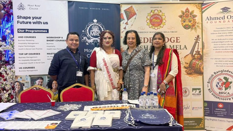 Mont Rose College team welcoming visitors at the Redbridge Boishakhi Mela 2026 information stand