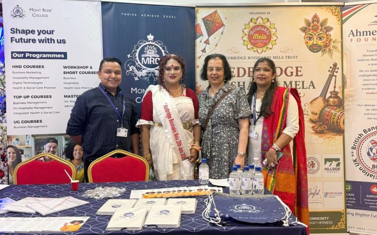 Mont Rose College team welcoming visitors at the Redbridge Boishakhi Mela 2026 information stand