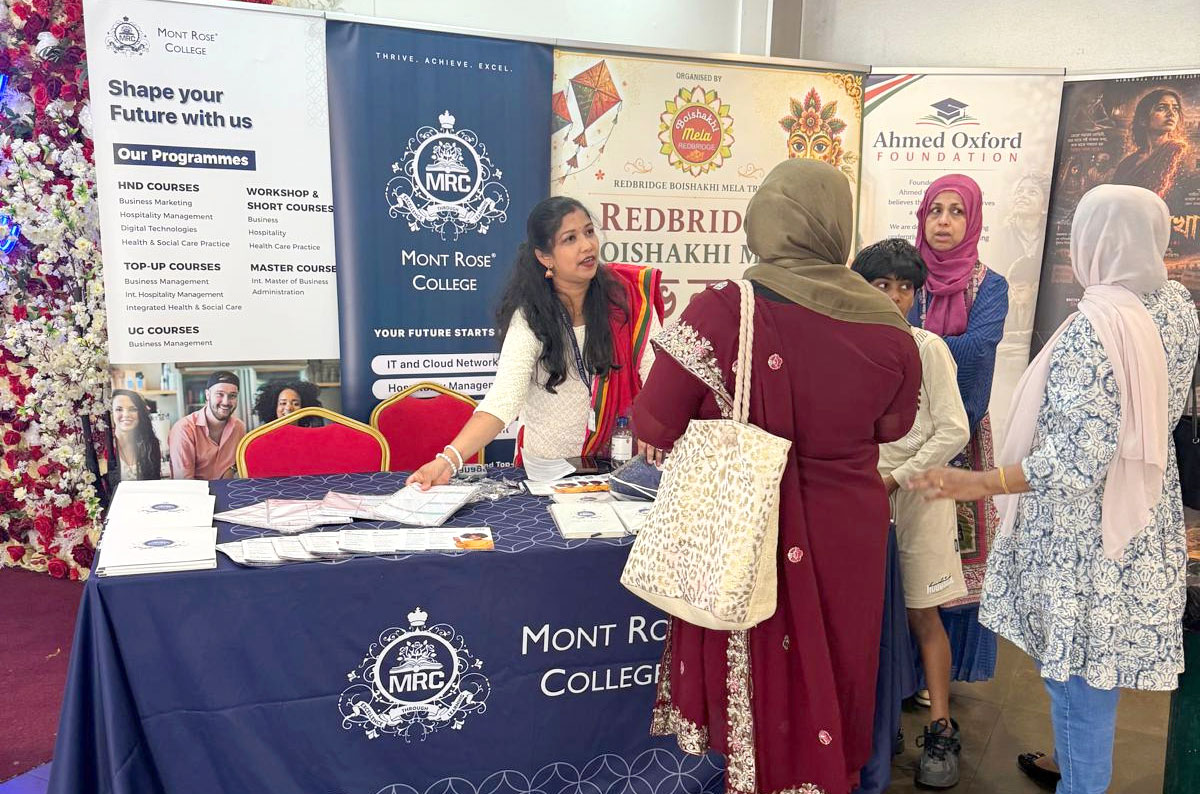 Visitors learning about Mont Rose College during Redbridge Boishakhi Mela 2026