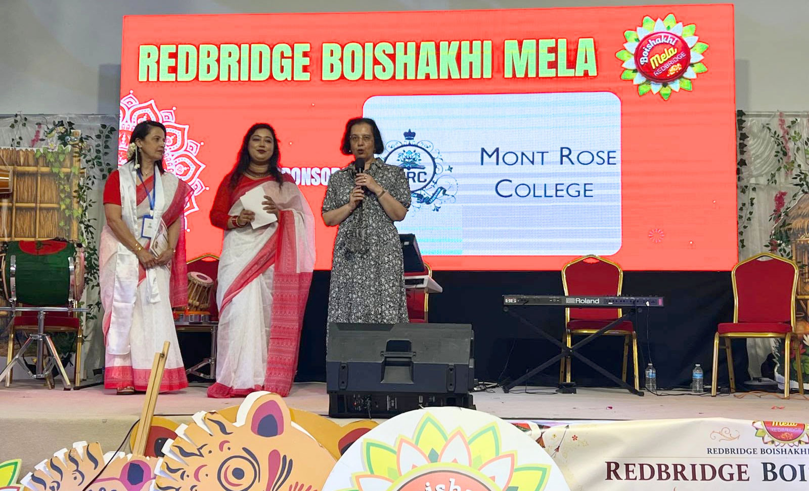 Principal Syeda Zain addressing guests at the Redbridge Boishakhi Mela 2026 sponsored by Mont Rose College